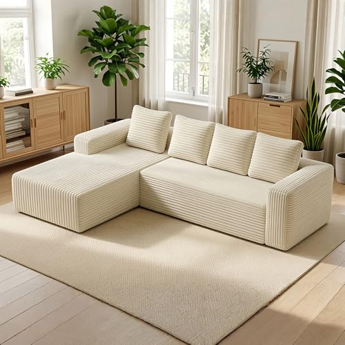 Canapé d'angle avec méridienne en forme de L,canapé désossé modulaire moderne avec coussin,canapé 4 places en velours côtelé pour le salon,la chambre à coucher, aucun assemblage requis (Beige)