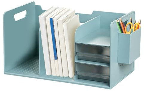 Schreibtisch-Bücherregal-Organizer Mit 2 Schubladen - Desktop-Bücherregal | Für Schreibwaren & Zeitschriften | Multifunktionaler Schreibtischs-& Ablagesystem Weiß/, 37x21x20cm, 1 Stück