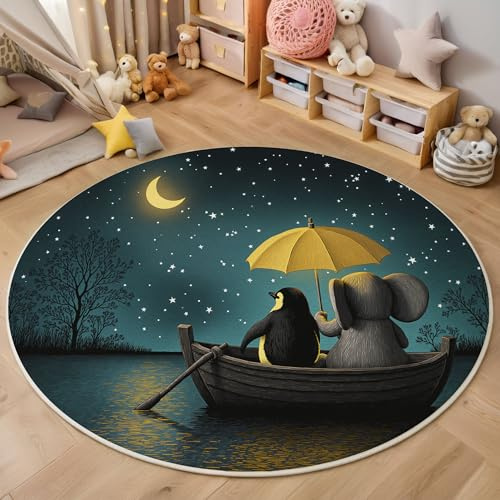JEDTAKCT Alfombra Redonda Ø 80 Cm, Antideslizante Lavables En Alfombras Cielo Estrellado Ensueño Lago Elefantes Adorables Pelo Corto Suave Tapetes Salon Habitacion Pie De Cama Salón Comedor, Turquesa