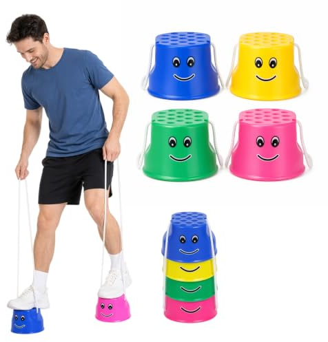 Hahjigl 4 Stück Stelzen Set Für Motorik Training, Topfstelzen Für Gleichgewichtsübungen, Bunte Stelzen in Pink Gelb Grün Blau, Outdoor Spielzeug Für Aktive Bewegung