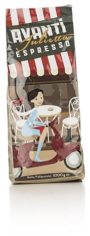 Avanti Espresso Julietta Bohnen, 1er Pack (1 x 1 kg) I Kaffeebohnen Espresso 1kg Kräftig & Säurearm I Feinste Trommelröstung mit Arabica & Robusta Espressobohnen