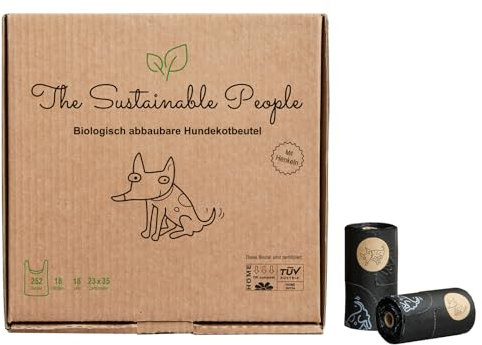 TSP Bio-abbaubare Hundekotbeutel mit Henkeln - OK compost HOME zertifiziert - 100% heim-kompostierbar und biologisch abbaubar - Gross & Extra Dick (18µm), (18 Rollen (252 Beutel))
