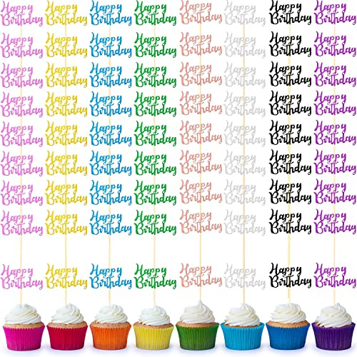 Boao 64 Pieces Happy Birthday Cupcake Toppers Glitter Cake Topper Picks Dessert Topper Decoration for Birthday Party Anniversary Celebration, 8 Colors