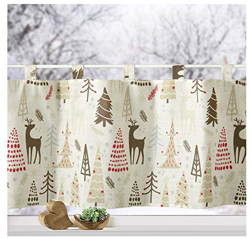 heimtexland ® Scheibengardine Weihnachten Leinen Natur Kinder Gardine Wald Hirsch Landhaus rustikal HxB 45x120 Typ714