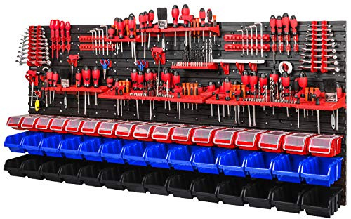 Werkzeugwand Lagersystem - 1728 x 780 mm - Lochwand SET mit Werkzeughaltern und Stapelboxen mit Deckel - Wandregal Werkstattregal Schüttenregal Sichtlagerkästen (Rot/Blau/Schwarz)