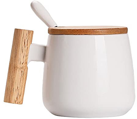 MonLiya Ceramic Coffee Mug Coffee Tea Cup Milk Cup with Lid and Spoon, Drinking Cups for Men, Women, Thanksgiving, Christmas, Birthday (White)