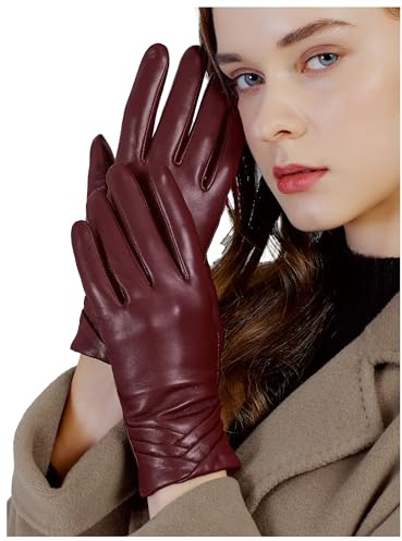 GSG SINCE 1998 Guanti Pelle Donna – Touchscreen, Invernali in Pelle di Pecora Senza Cromo, Foderati in Lana per Guida, Borgogna L