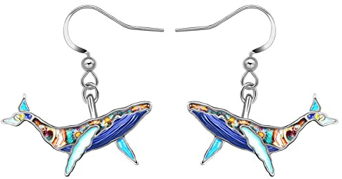 LONYOO émail Animaux Marins Boucles d'oreilles Requin Pieuvre Dauphin Baleine Meduse en Alliage de Zinc pour Femme Filles Charms d'été (Boucles d'oreilles Baleine Bleu)