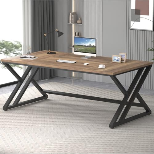 LVB Gaming Desk Computer Office Table Large Desks for Home 180cm Rustic Oak | Industrial Long Home Office Desk Pc Writing Work Study Computer Table, Farmhouse Gaming Executive Desk for 2 Person