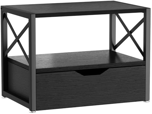 IBUYKE 2 Tier Desktop Printer Stand,Multi-Purpose Desk Organizer,Wooden Printer Stand with Drawer Storage for Folders,Books,for Fax Machine, Scanner,Home Office,Black TLJ006B