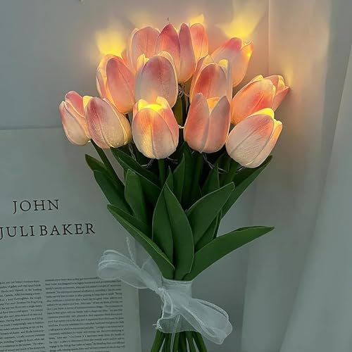 EONANT 15 tulipani fiori artificiali con luci a LED, bouquet di tulip, funzionamento a batteria, Natale, vacanze, matrimonio, fotografia, decorazione per la casa, regali creativi (rosa, 15 pezzi)