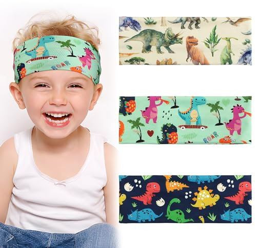 AstraGlam 3 Stück Stirnband für Kinder, Elastisches Sport Schweißband, Haarband für Jungs und Mädchen, Dinosaurier Design, Stirnband für Sport und Alltag, Stirnband für Kinder