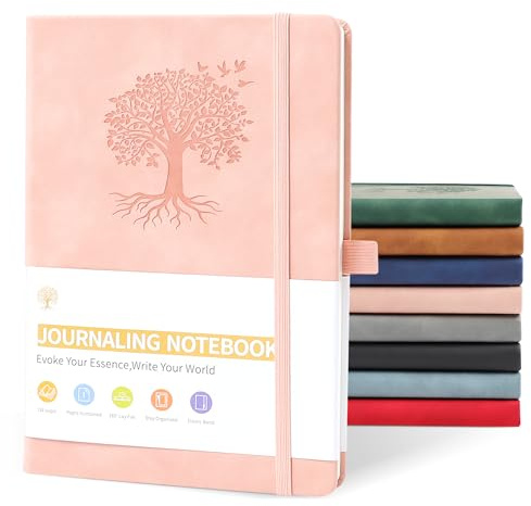 JUNART A5 linjerad journal anteckningsböcker för kvinnor och män med 192 sidor, inbunden läderanteckningsbok för personlig skrivning studie kontor reseinspelning eller gåvor (rosa)