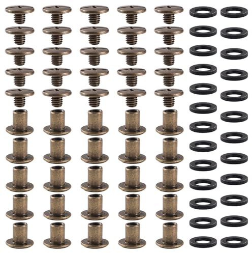 YIXISI 25 Set M5x6mm Chicago Binding Screws Assorted Kit, Kit Bindande Skruvstolpar, Lädernitsats, för Gör-Det-Själv-Läderdekoration Bokbindning, Brons