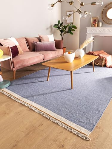 benuta Pop Wollteppich Karla - Blau 120x170 cm - Baumwolle,Wolle - Rechteckig & im Style: Uni, Hygge & Cozy, Minimalistisch - Pflegeleicht für Wohnzimmer Schlafzimmer