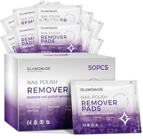 Glamonade Nail Polish Remover Pads: Acetone Nail Polish Remover Pads Individually Wrapped Convenient Quick Portability 50 PCS