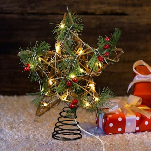Healifty Étoile de sapin de Noël en bois avec lumières LED - 25 x 20 x 6 cm - Décoration de sapin de Noël
