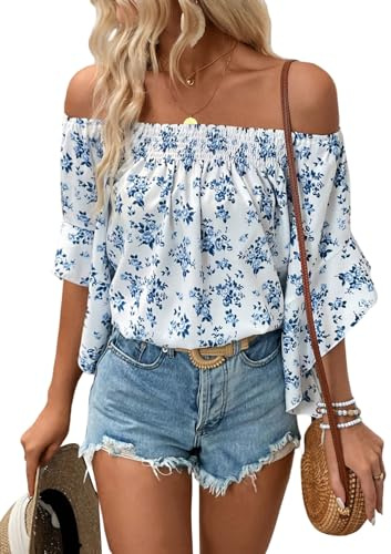 GORGLITTER Damblus, elegant, lös blus med blommönster, volangblus med 3/4-långa ärmar, gratis toppar, blå, S