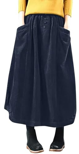 Gonna da donna invernale in velluto a coste da donna midi gonne lunghe femminili elastico in vita ad una linea gonna a pieghe, Blu, S