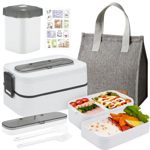 SICANAUO Fiambrera de 2 niveles (1600 ml), caja bento con cubiertos, bolsa aislada, portátil, a prueba de fugas, con compartimentos ajustables, fiambrera bento para oficina, escuela, adultos y