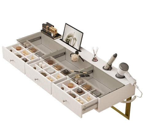 HAINEW Sminkbord Frisiertisch med glasplatta och 3 lådor, Väggmonterad kosmetikbord Make-up bord Toalettbord med kopphållare och pall, Vit, 120×40×45 cm, HD26012707