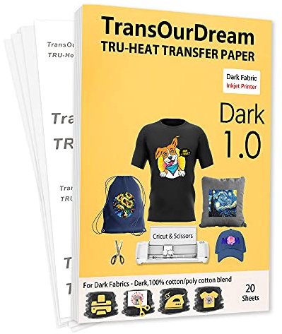 TransOurDream Tru-Heat Transfer Paper for Dark T Shirts & Fabrics 20 Sheets A4 Iron On Transfer Paper with Inkjet Printer Easy to Cricut Bright Colors Printable htv (TRANS-07)