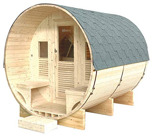 Holl's Gaïa Luna Luna-HL-T250E-Cabina Sauna de Vapor de Exterior con 6 plazas de Abeto con 2 Niveles de Banc, iluminación Interior y terraza con Banquete, 250 x 205 x 220 cm, Beige