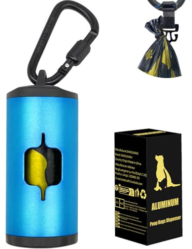 SHAOUMAN Metal Dog Poop Bags Holder Aluminum Poo Bags Dispenser with 15 Black Unscented Pet Waste Bags and 3 Leash Accessories for Dog Walking(1 Holder 15 Bags,Blue)