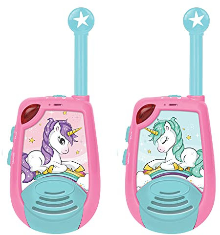 Lexibook Unicorn Walkie Talkie per bambini 2 km di trasmissione Funzione luce codice Morse Clip da cintura per il trasporto, batteria, rosa, TW25UNI