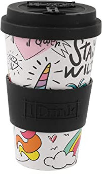 IDRINK® - Tasse à café RPET avec bouchon en silicone ouvrant, facile à porter 435 ml, Mug à emporter en plastique recyclé 8.7 x 8.7 x 15 cm ergonomique 435 ml (UNICORN)