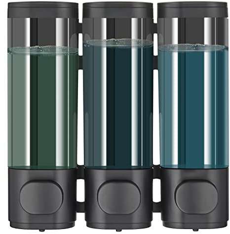 modunful Dispenser per shampoo e balsamo, dispenser da doccia a 3 camere senza trapano, dispenser per shampoo da doccia, montaggio a parete, per shampoo, balsamo, bagnoschiuma, grande capacità, nero