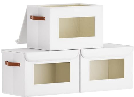 YheenLf Lot de 3 Boîte de Rangement Pliable, Boite avec Couvercle et 2 Poignée, Panier avec Fenêtre Transparente, pour Chambre à Coucher, Salon, Armoire, Blanc, 33x23x20cm