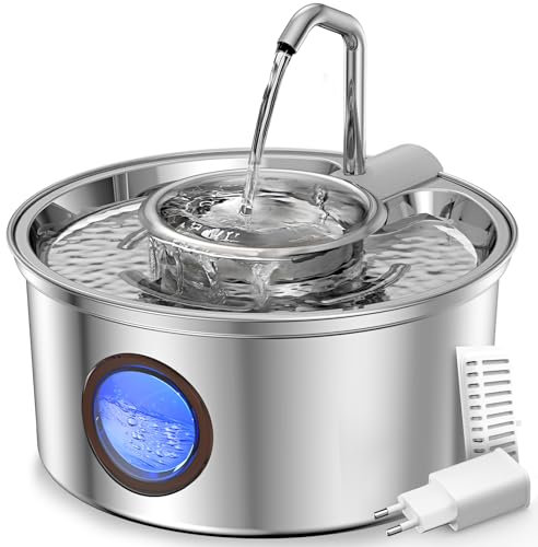 Kittyspout Katzenbrunnen Edelstahl 3.2L Trinkbrunnen für Katzen mit Wasserstandsfenster, Katzenbrunnen 2-in-1 mit Abnehmbare Edelstahlschüssel, Superleise Pumpe, 5 Schichten Filtersystem