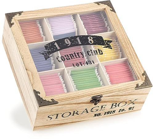 com-four® Rustikale Teebeutel Aufbewahrungsbox - Teebox mit 9 Fächern, Sichtfenster und Verschluss - Teekiste im Landhausstil - Shabby chic Teeaufbewahrung - Teebeutelbox (rustikal - 1918-9 Fächer)