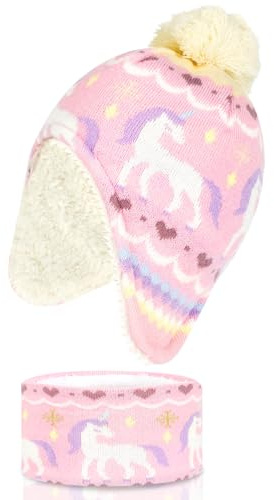 QKURT Cappello e Sciarpa per Ragazze, Sciarpa Calda Invernale Lavorata a Maglia per Bambini, Cappello in Pile, Berretto con Pompon con Paraorecchie, Set per la Stagione Fredda per 1-4 Anni