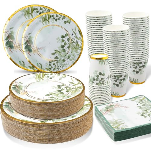 200 Pack Sage Green Plates and Napkins Party Supplies, Disposable Tableware Set, Eucalyptus Plates, Cups, Napkins for Wedding Bridal Baby Shower Birthday Party
