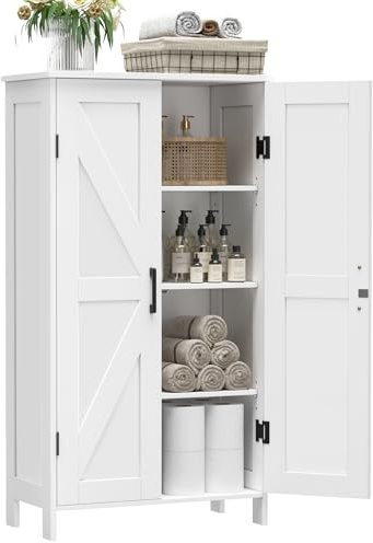 Homleke Farmhouse Bathroom Cabinet with Adjustable Shelves, Free-Standing Storage Cabinet with Barn Doors, for Kitchen, Living Room, Dining Room, Entryway, White