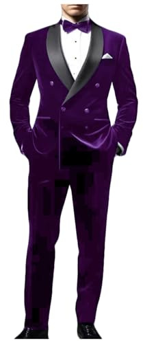 Mens Velvet Double Breasted Slim Fit Business Suit 2 Piece Jacket Pants Sets Shawl Lapel Party Suit Purple Size M