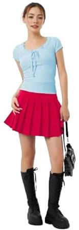 Women's High-Waist Pleated Drop Skirt Short Tennis Casual School Mini Skirt (RED LAD 10)