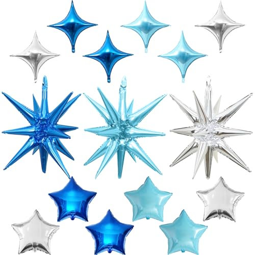 Froova Blue Silver Star Balloons, 22in Large Star Balloons Foil 10in 4-Pointed & Pentagram Balloon for Graduation Baby Shower Space Themed Birthday Party Decorations