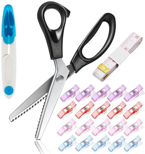 Zackenschere Stoffschere,9.2 Inch Edelstahl Schneider Zick Zack Schere für Stoff mit Schere,20 Stoffklammer 2M Schneidermaßband,für Stoff, Kraft,Handwerk,Hobby Schneiden