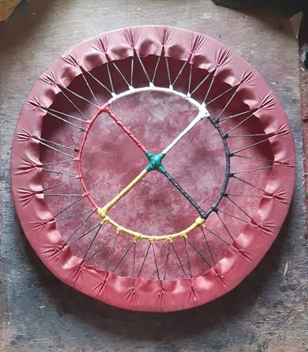 Tambor de chamán nativo de 35 cm, sonido suave profundo, tambor de piel de búfalo de color cereza roja, hecho a mano chamánico, percusión, meditación de yoga, celebración de eventos + batidor, mazo