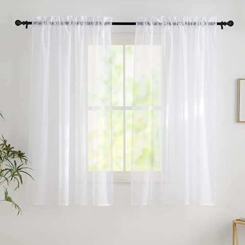 PONY DANCE Cortinas Dormitorio Cortas Transparentes, Curtains for Living Room Visillos con Bolsillos para Cocina/Comedor/Salon 2 Piezas,140x145cm,Blanco