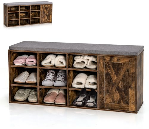 HOMASIS Scarpiera con Seduta con Cuscino Imbottito, Panca Portascarpe a 3 Livelli con Ripiani Regolabili, Panchetta da Ingresso a 9 Cubi per Corridoio, Camera da Letto. 110,5 x 30 x 49 cm (Marrone)