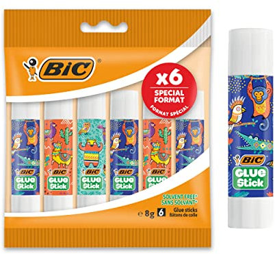 BIC ECOlutions Bâtons de Colle Blanche aux Décors Assortis - 97% d'Ingrédients d'Origine Naturelle et Corps en Matières Recyclées - Poids de 8 g - Pochette Format Spécial de 6