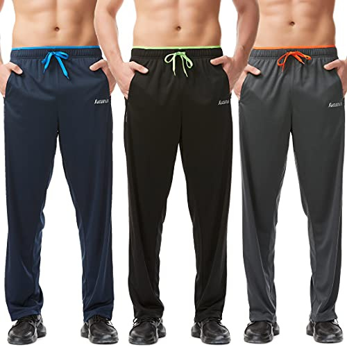 SACUIMAN 3 Pack Mens Athletic Sweatpants with Zipper Pockets Workout Gym Running Jogging Casual Pants for Men Open Bottom (3 Pack,XL)