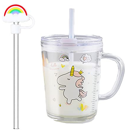 Banzimiao Bicchiere da latte in vetro con misurino, Tazza da latte con cannuccia, vetro trasparente con cannuccia per caffè succhi di frutta tè freddo, unicorno, 350 ml