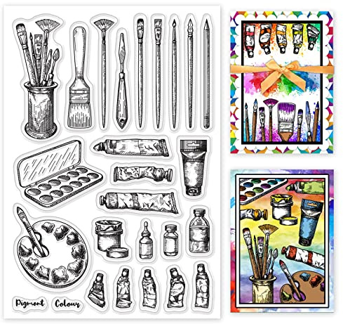 GLOBLELAND Tema de Herramientas de Pintura Pinceles Paletas Sello Transparente Sello de Silicona Sellos Transparentes de Goma para Hacer Tarjetas DIY Decoración de Álbum de Recortes