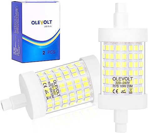 OLEVOLT R7S LED 78mm Dimmbar Kaltweiß 6000K, 10W LED R7S 78mm Ersetzt 100W R7S Halogenstab 78mm led Leuchtmittel R7S 78mm, R7S LED Stablampen für Baustrahler,Landschaftslichter,Sicherheit, 2 Stück