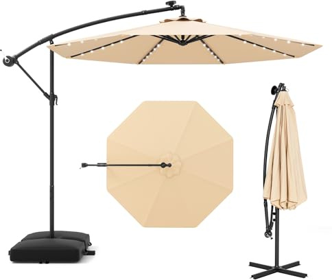 RELAX4LIFE Parasol Déporté 3x3M LED Solaire Inclinable (Beige) | Parasol de jardin extérieur avec pied inclus, imperméable, 8 baleines et protection UV pour terrasse, patio ou plage